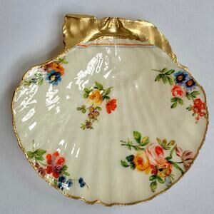 Vintage Floral Trinket Dish | Scallop Shell Jewelry Dish | Cottage Decor